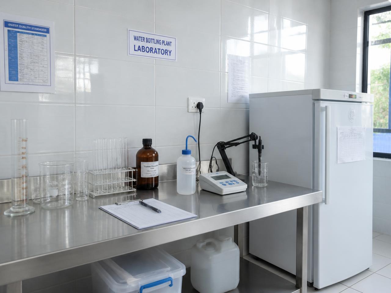 Bancada de inox do laboratório Nutriágua com vidrarias e medidor de pH